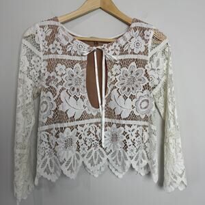 For Love & Lemons White Lace Keyhole Front Long Sleeve Boho Blouse Med